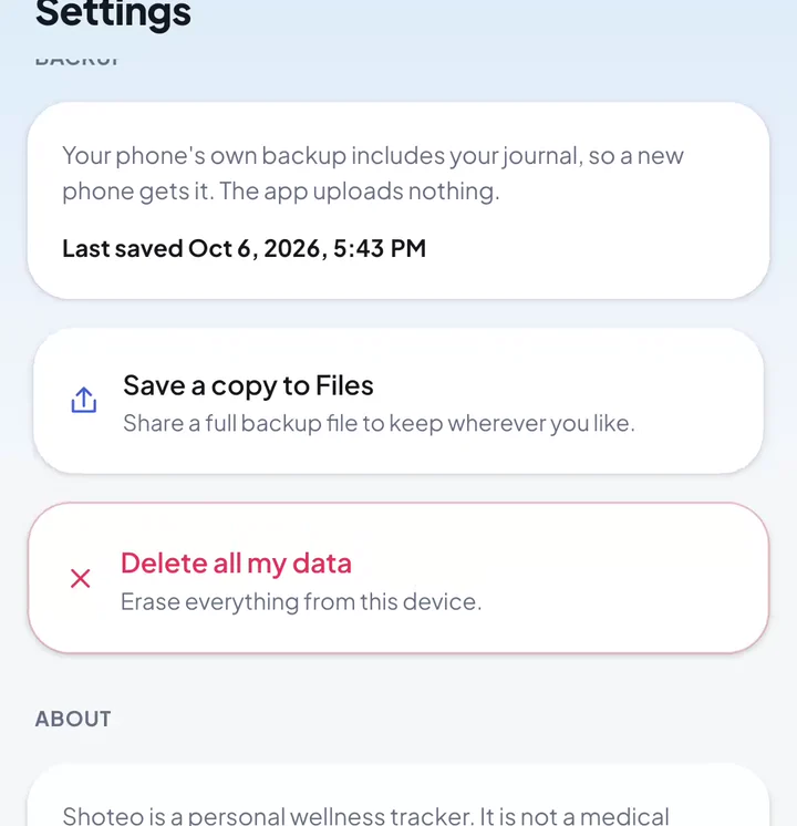 Shoteo's Save a copy to Files button under Backup