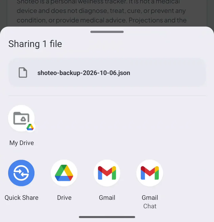 The share sheet saving shoteo-backup-2026-10-06.json to My Drive