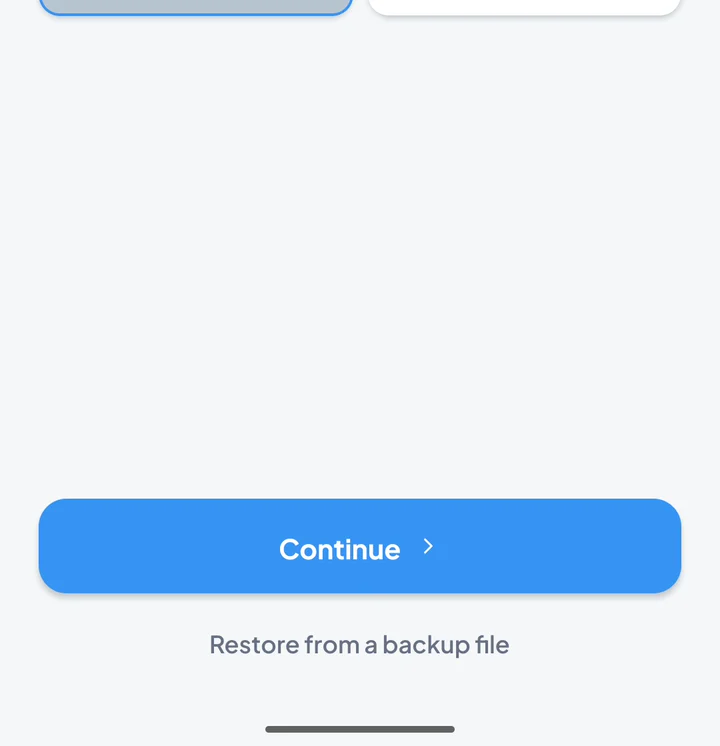 Shoteo's first-run screen with Restore from a backup file