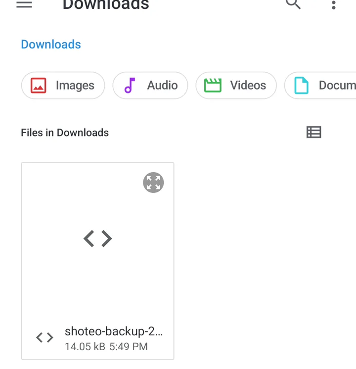A file picker showing the Shoteo backup file in Downloads