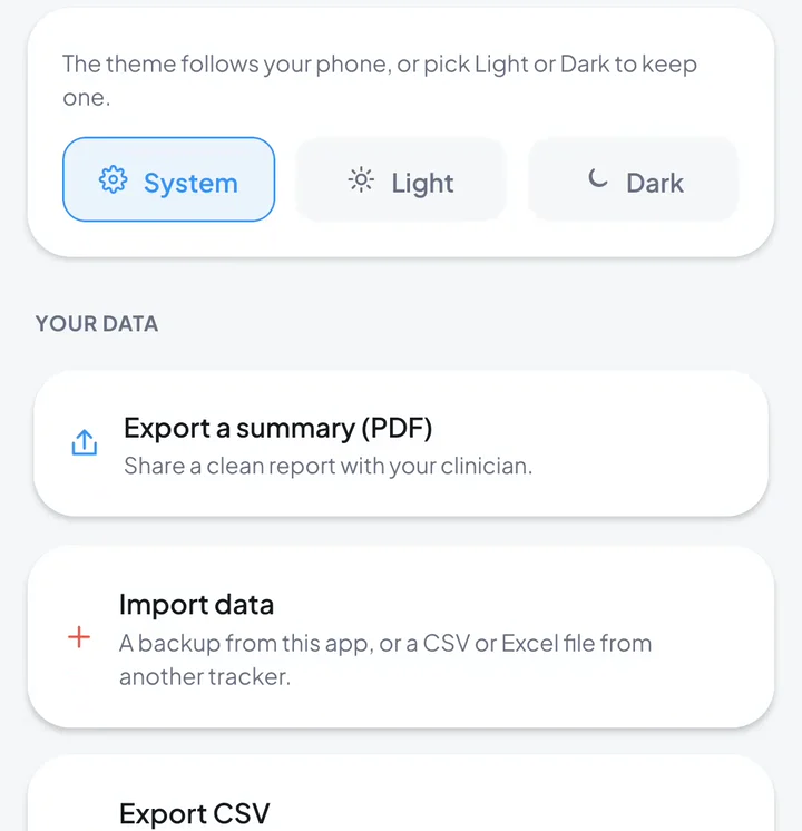 Shoteo's Settings screen with Export a summary (PDF) under Your data