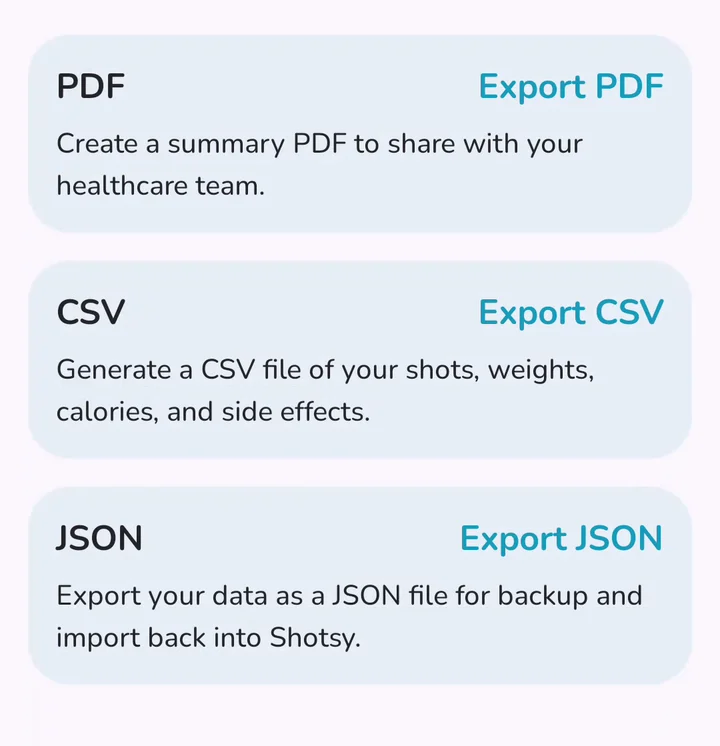 Shotsy's Manage My Data screen with the Export CSV button