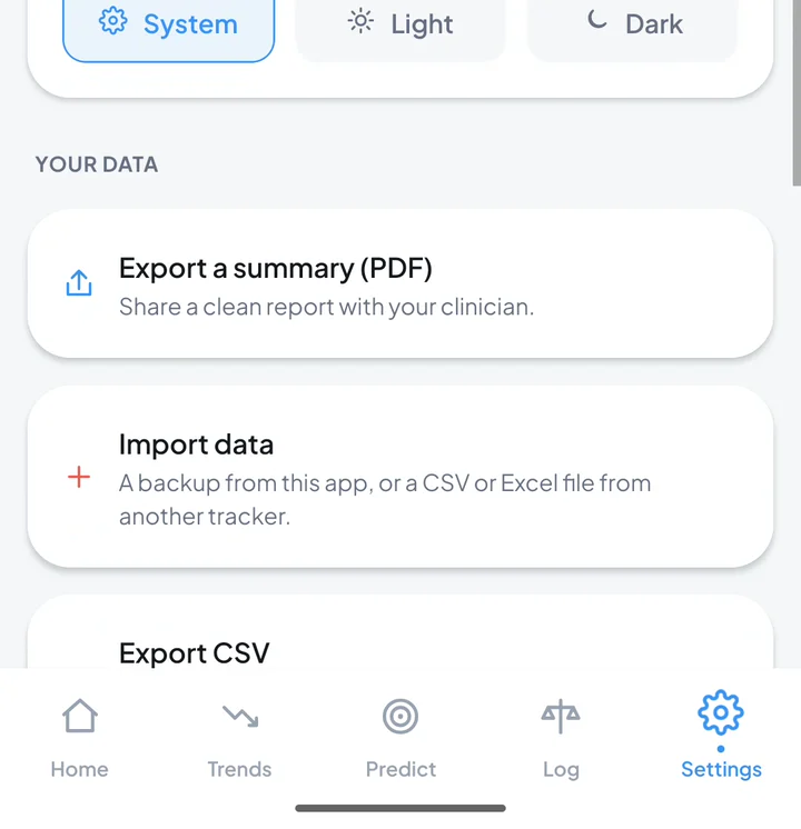 Shoteo's Settings screen with Import data under Your data