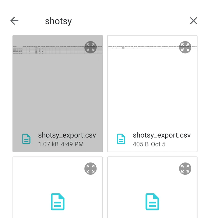 The file picker showing shotsy_export.csv