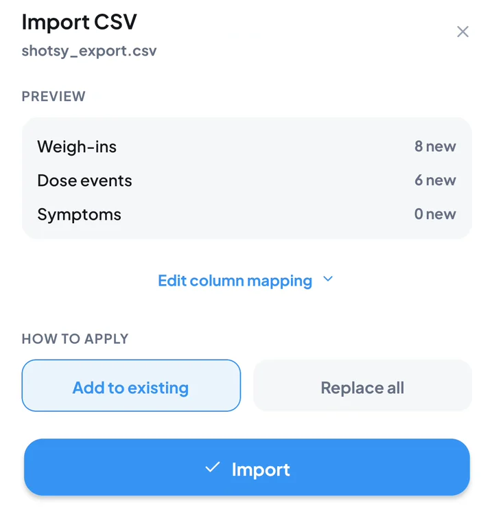 Shoteo's Import CSV preview: 8 weigh-ins and 6 dose events, with Add to existing, Replace all and Import